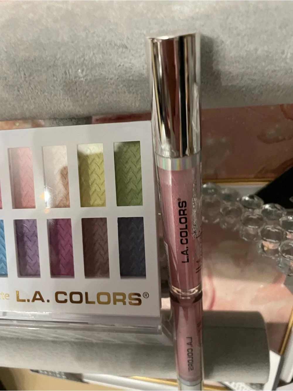L.A. COLORS 16-Color Shimmer Eyeshadow Palette — and pink lip gloss new